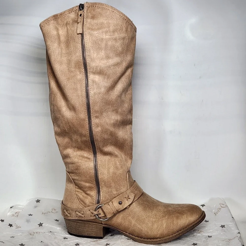 Very G Merlot Boots Women Size 8 Cream Distressed Slouchy Knee High Harness Zip